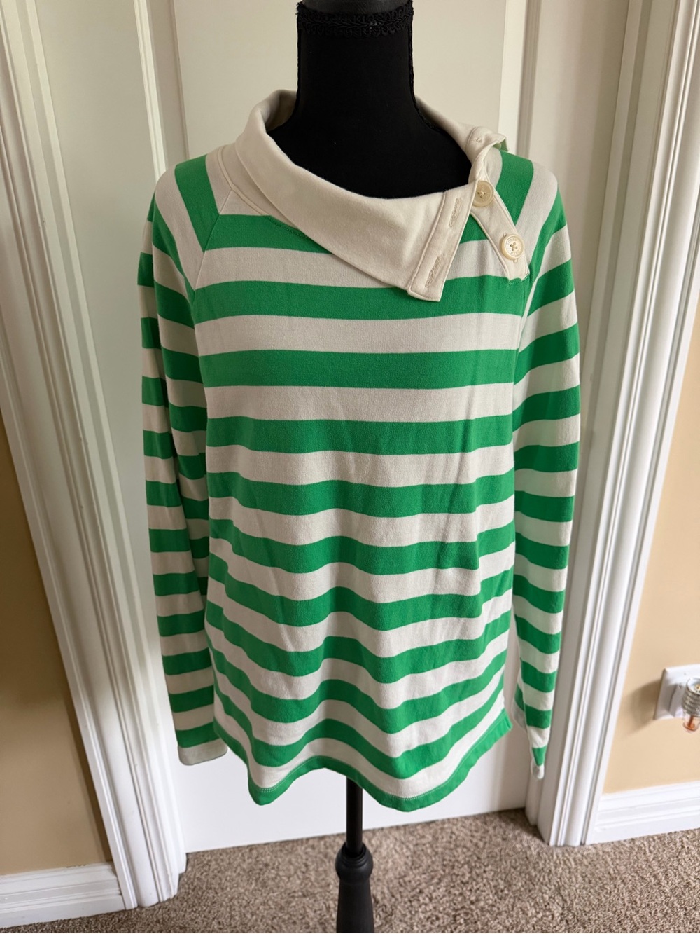 J. Crew Green and White Striped Button-Collar Turtleneck Sweater